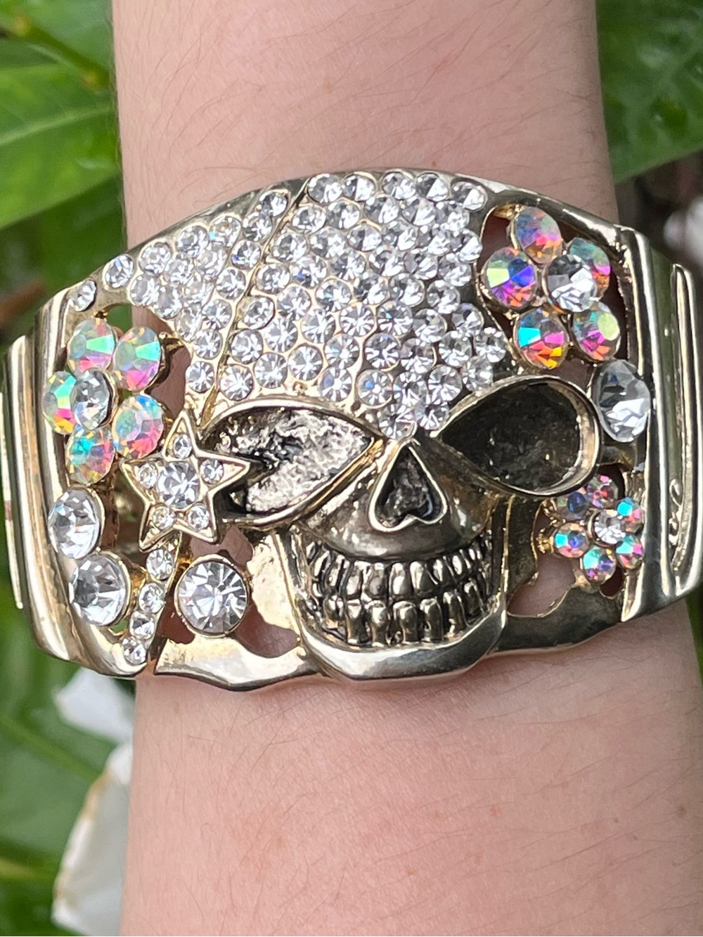 Y2K Skull Rhinestone Cuff Bracelet Snap 7.5 In Floral Punk Statement Mall Goth